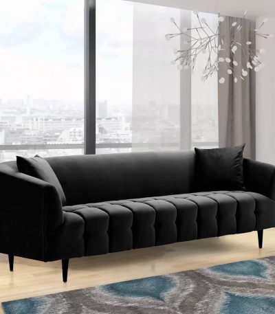 Aart Store Sofa Velvet Upholstered Channel-Quilted Button Tufted Cushion Shelter Arm Design Wood Legs- Black
