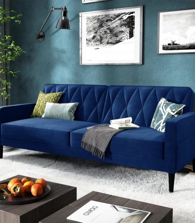 Aart Store -Velvet Fabric Wooden Sofa Bed - Blue