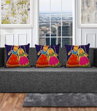 Aart Store Three - Seater Sofa Cum Bed for Home- Jute Fabric Washable Cover with Three Printed Cushion - Black Color