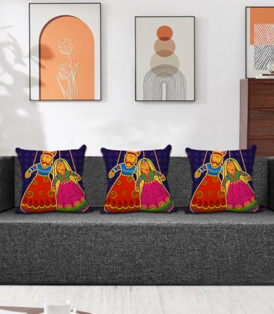 Aart Store Three - Seater Sofa Cum Bed for Home- Jute Fabric Washable Cover with 3 Printed Cushion - Black Color