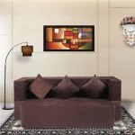 Dr. Smith 3 - Seater C-Type Sofa Cum Bed Jute Fabric | Color - Brown - 72x48x9 Inches | Washable Cover with Three Printed Cushions | 3 Sits & 2 Sleeps