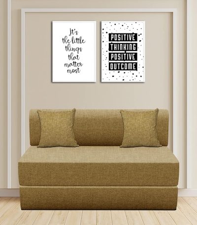 Aart Store Sofa Cum Bed - One Seater, 3' X 6' Feet - with One Cushions (Color Cushion) - Jute Fabric | Golden - Perfect for Guests |